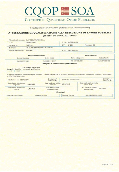 certificato SOA OS30 II categoria ravasio elettrica 2022